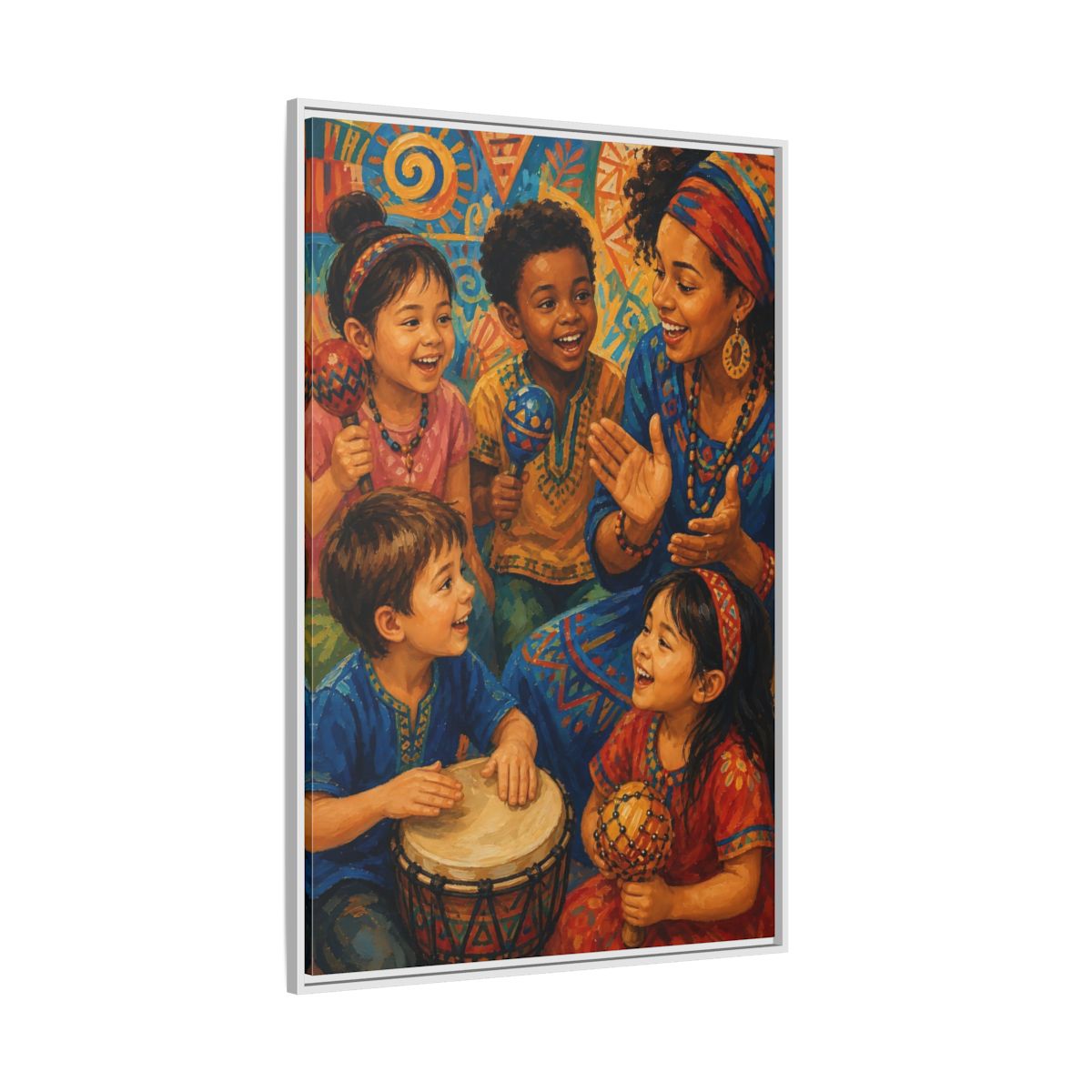 Side Mockup 7. Abstract Joyful Children Vibrant Cultural shown as framed canvas print
