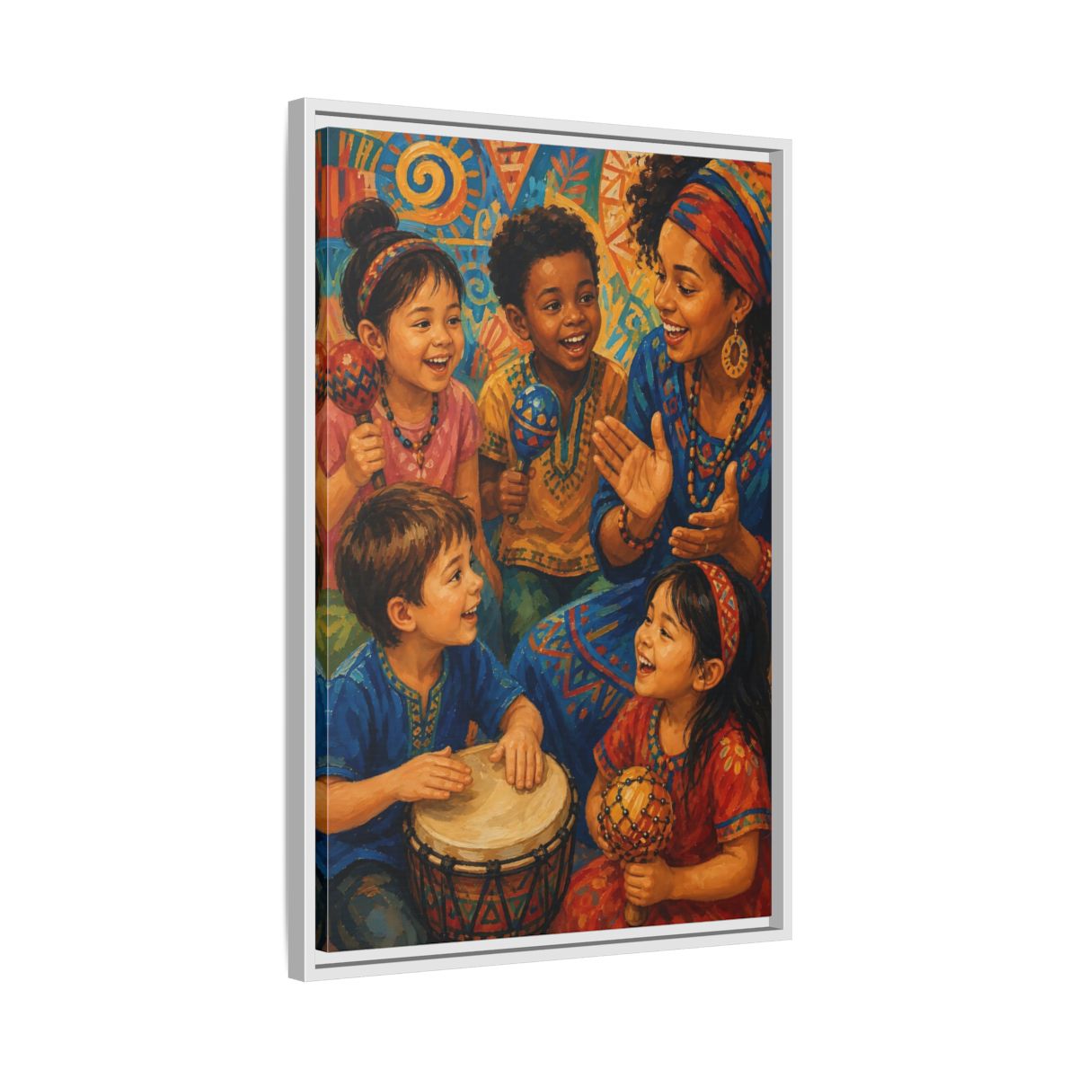 Side Mockup 10. Abstract Joyful Children Vibrant Cultural shown as framed canvas print