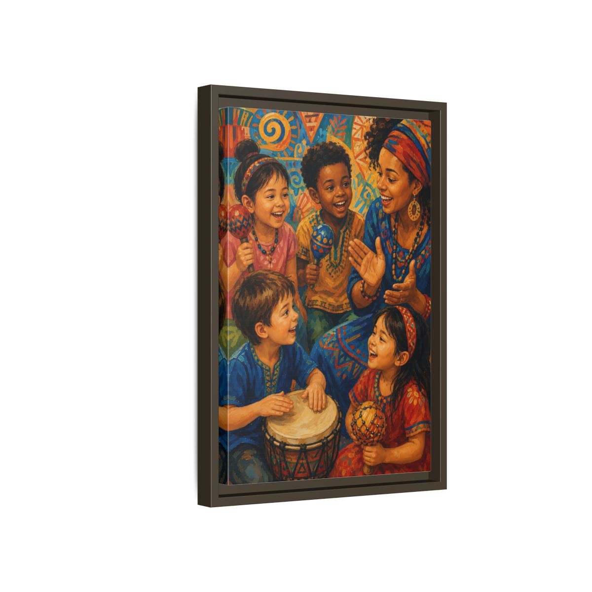 Side Mockup 5. Abstract Joyful Children Vibrant Cultural shown as framed canvas print