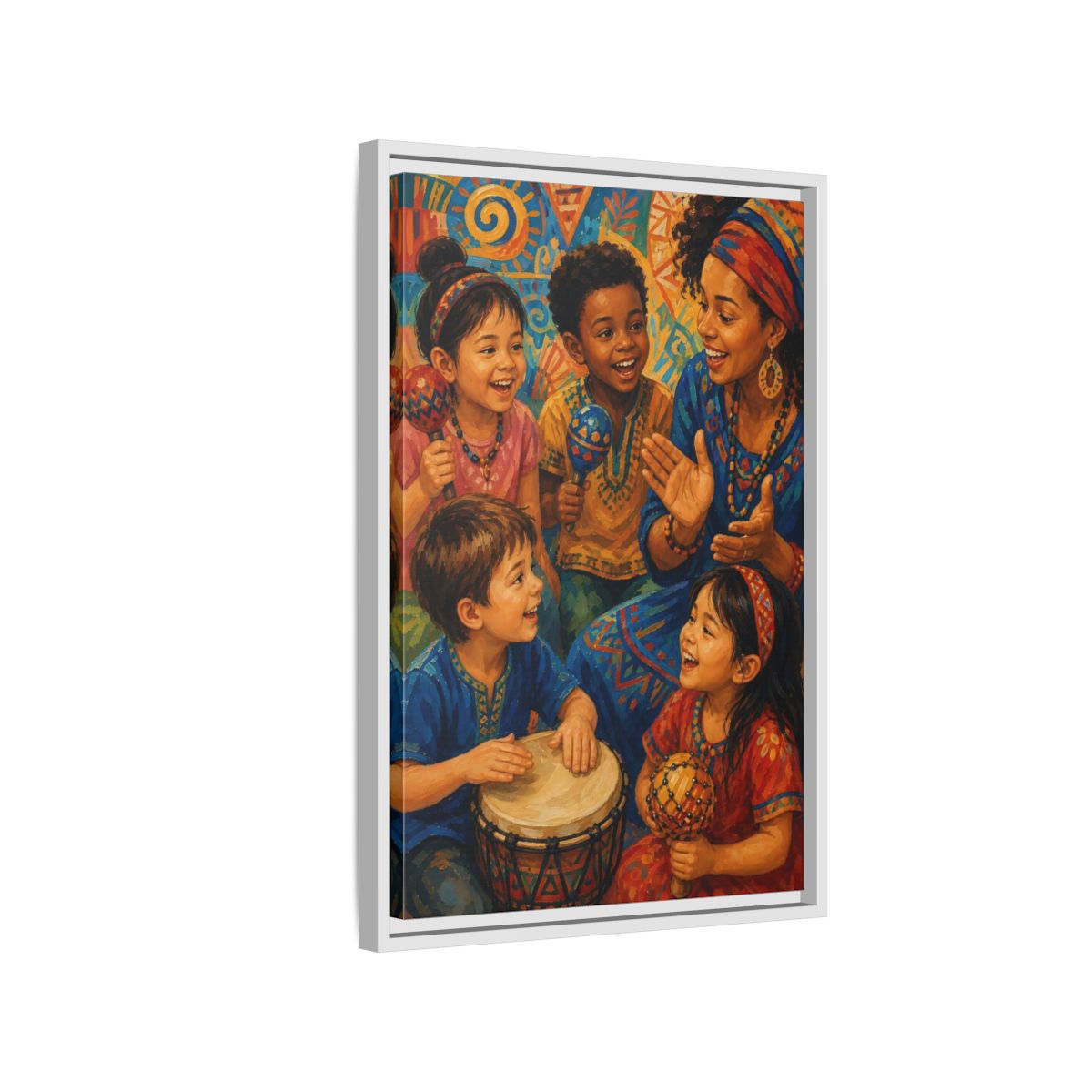 Side Mockup 1. Abstract Joyful Children Vibrant Cultural shown as framed canvas print