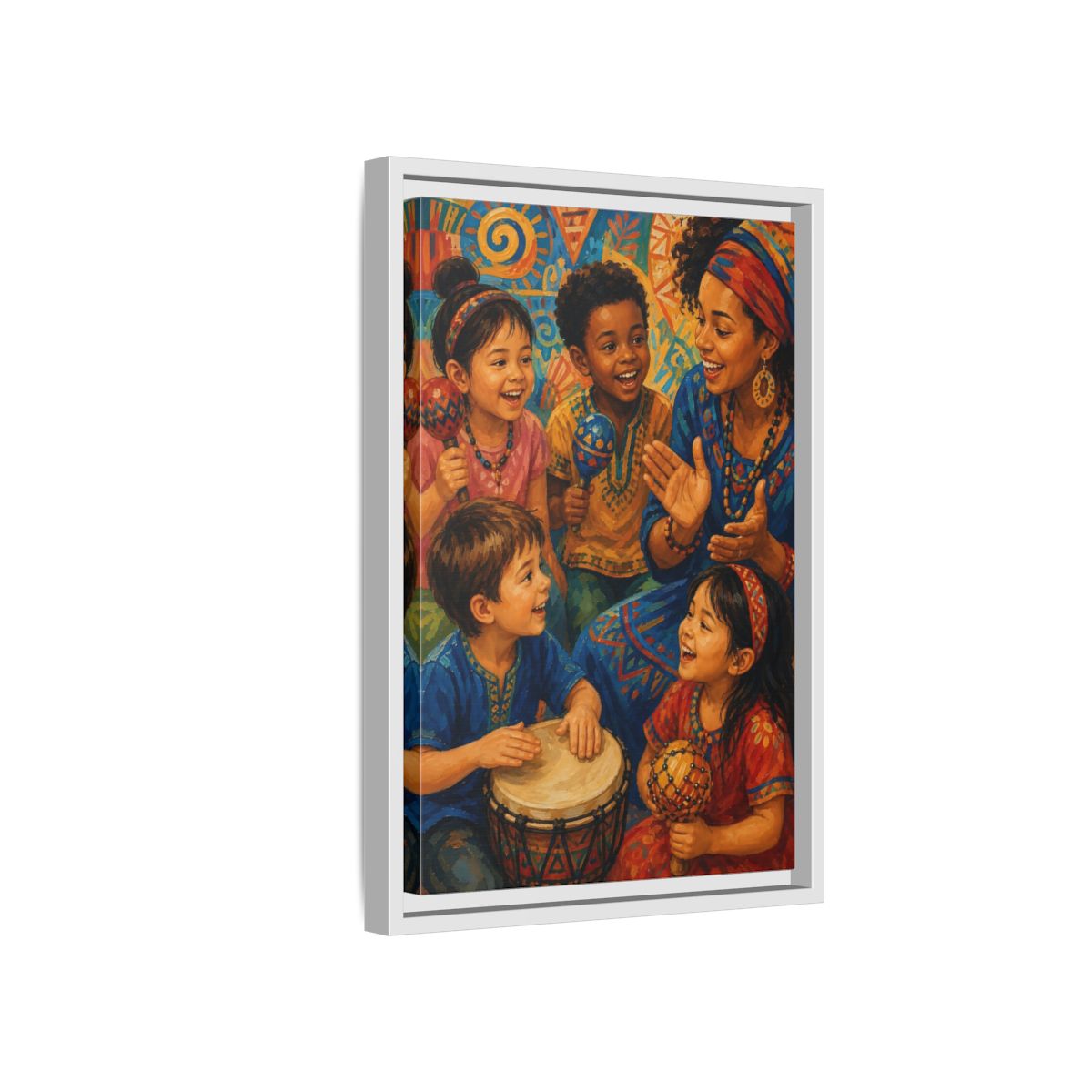 Side Mockup 4. Abstract Joyful Children Vibrant Cultural shown as framed canvas print