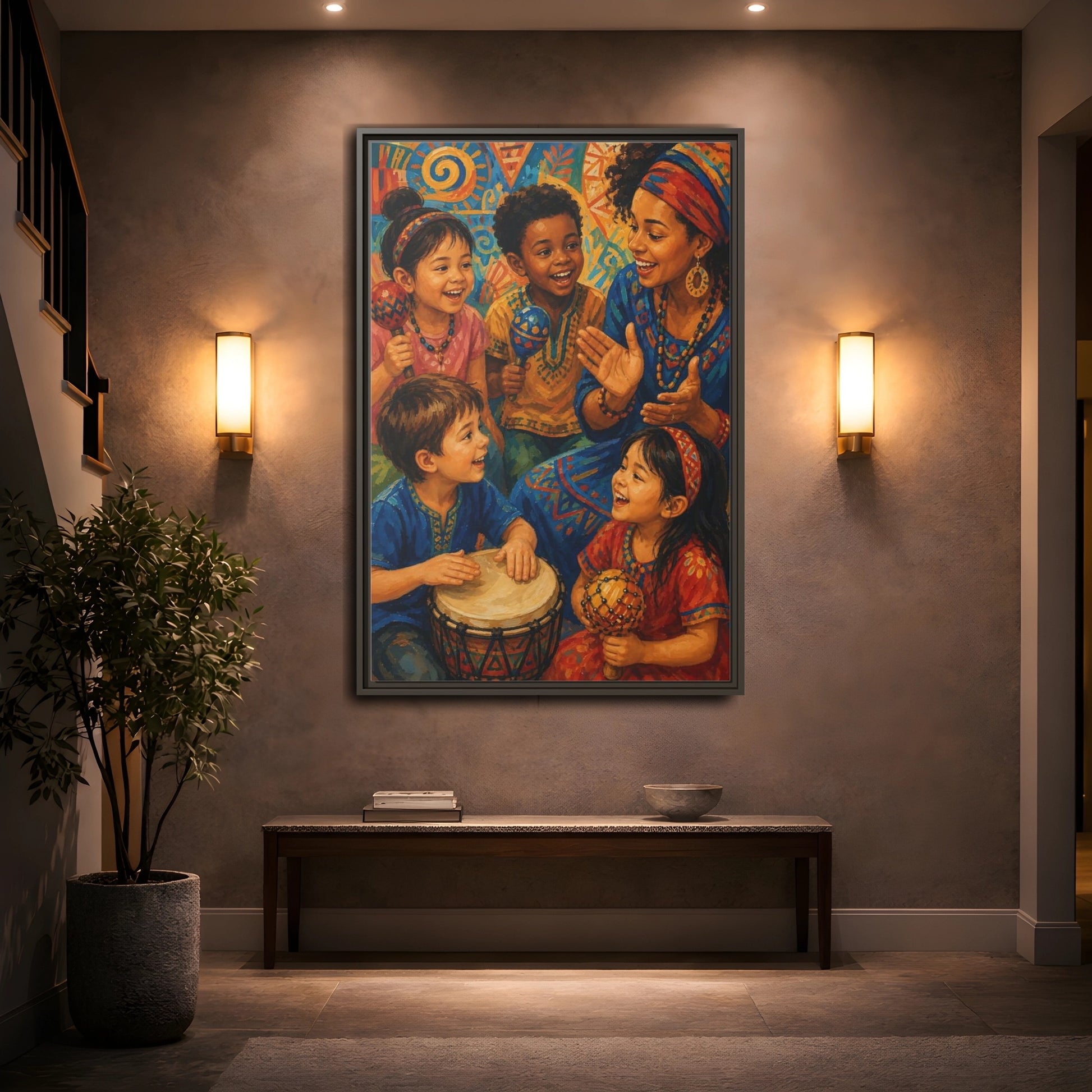 Mockup 2. Abstract Joyful Children Vibrant Cultural shown as framed canvas print