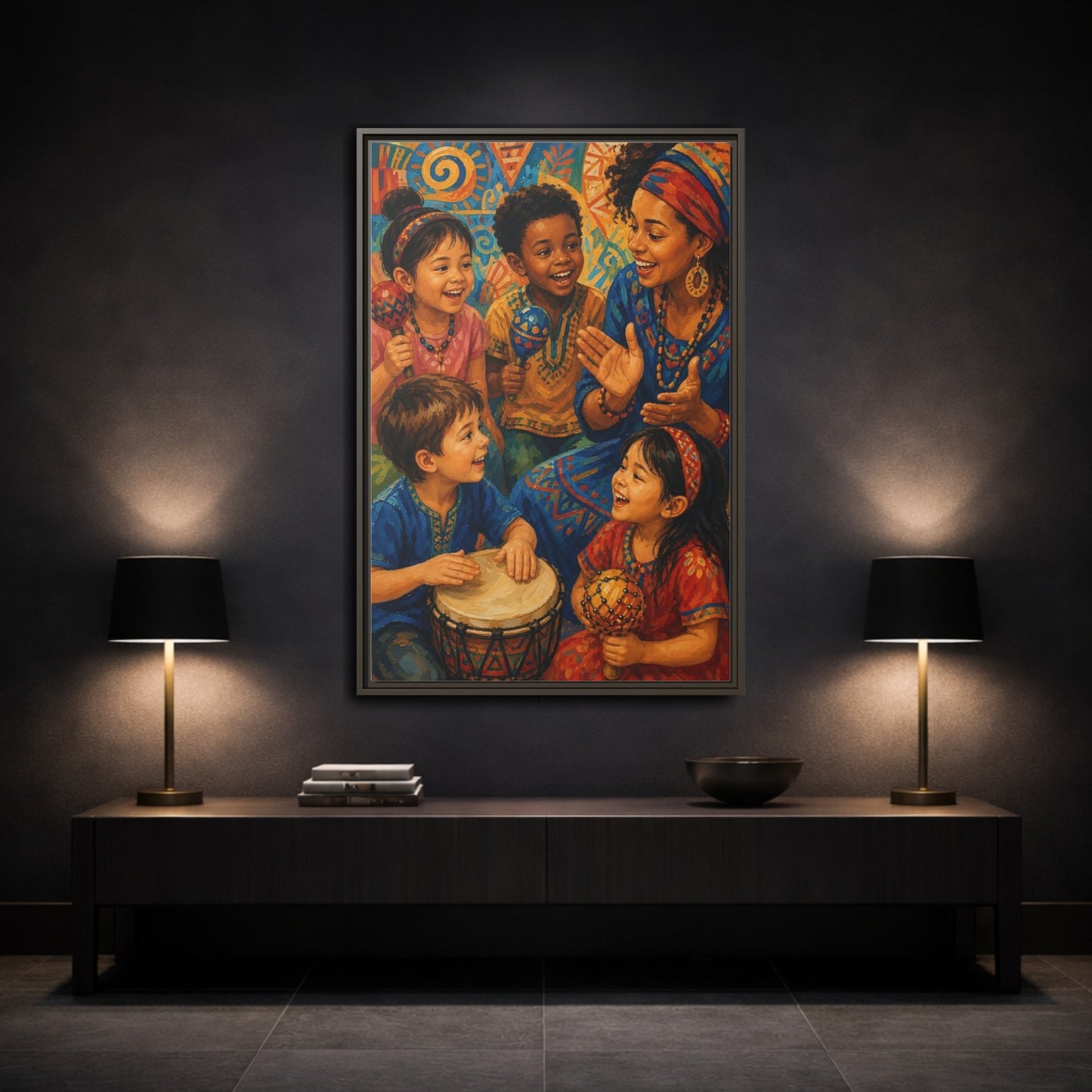 Mockup 3. Abstract Joyful Children Vibrant Cultural shown as framed canvas print