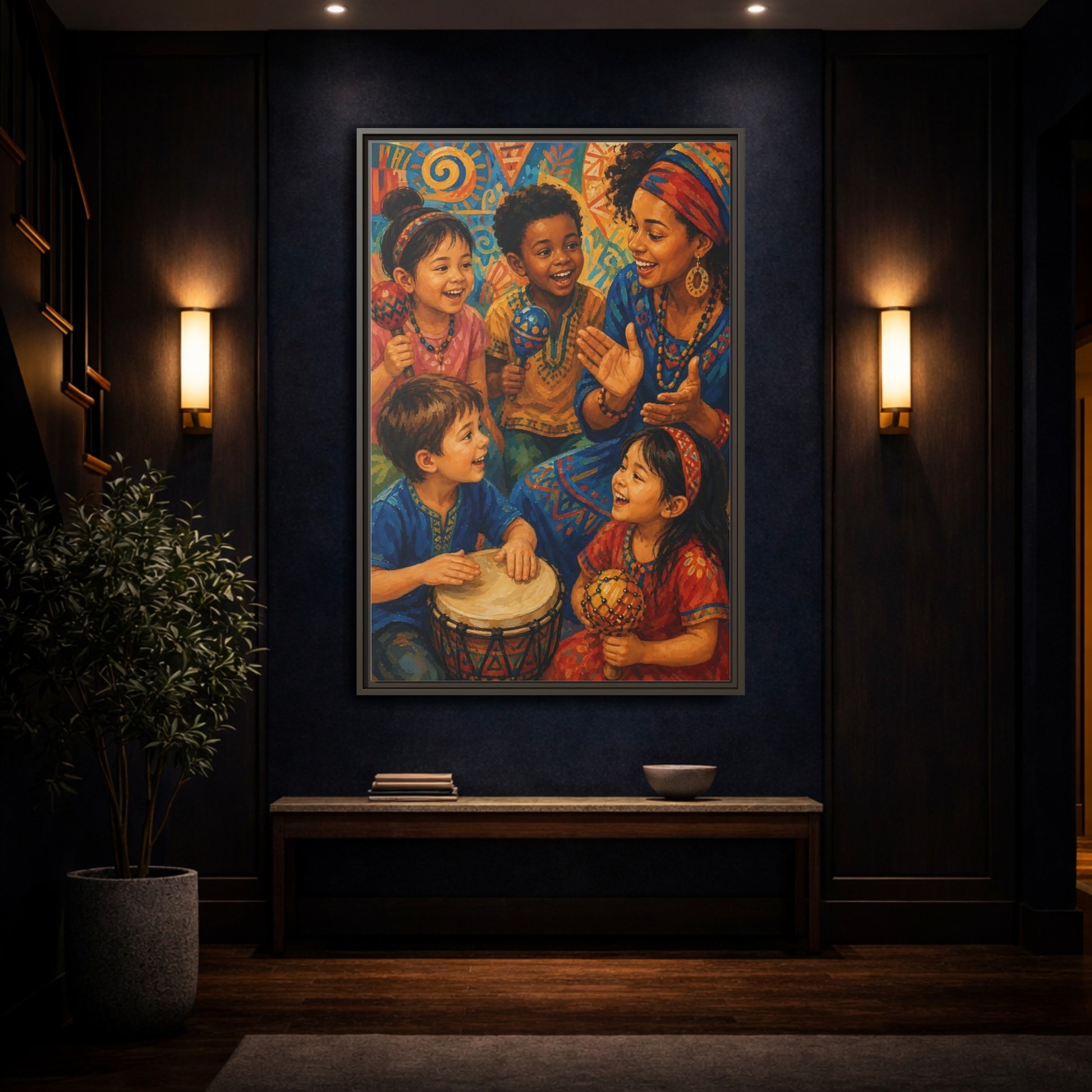 Mockup 4. Abstract Joyful Children Vibrant Cultural shown as framed canvas print