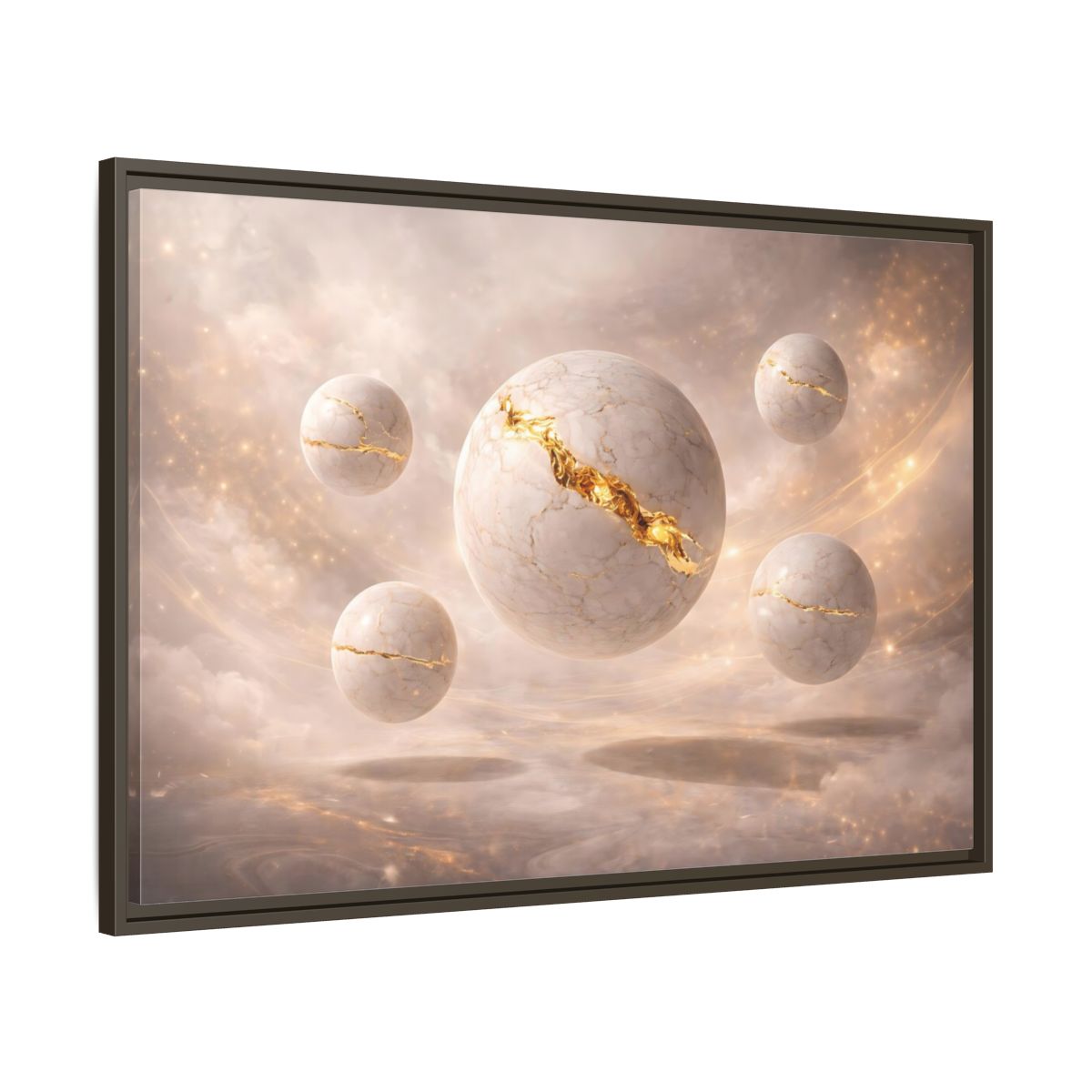 Main Mockup. Abstract Kintsugi Spheres White Gold Abstract shown as stretched canvas wall art