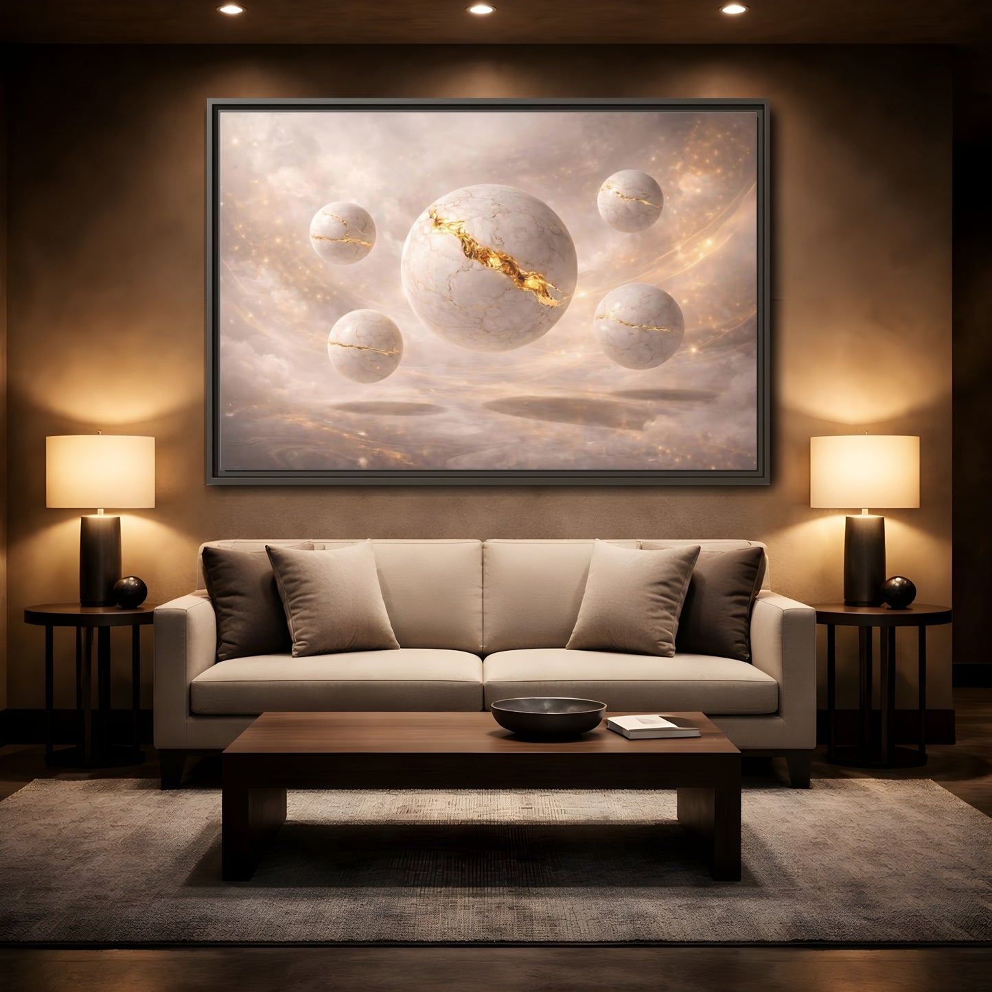 Mockup 2. Abstract Kintsugi Spheres White Gold Abstract shown as stretched canvas wall art