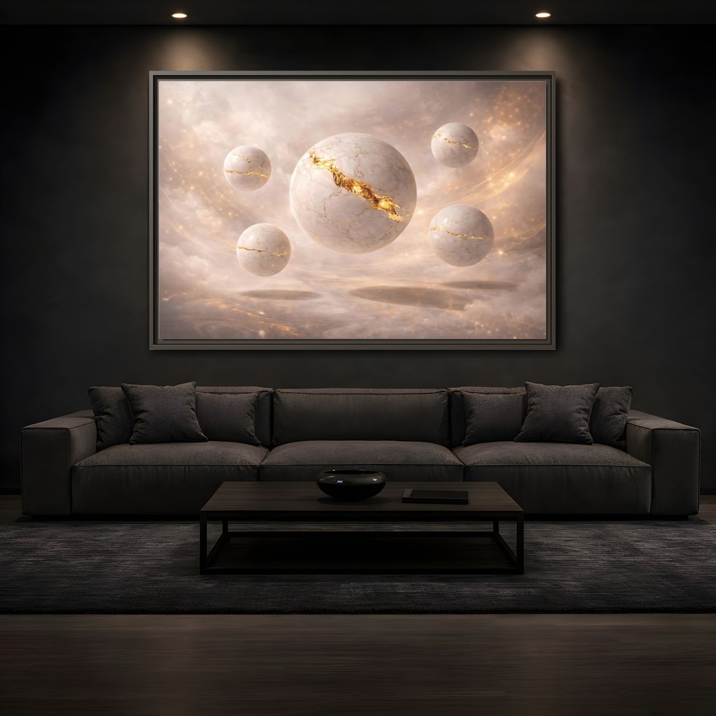 Mockup 3. Abstract Kintsugi Spheres White Gold Abstract shown as stretched canvas wall art
