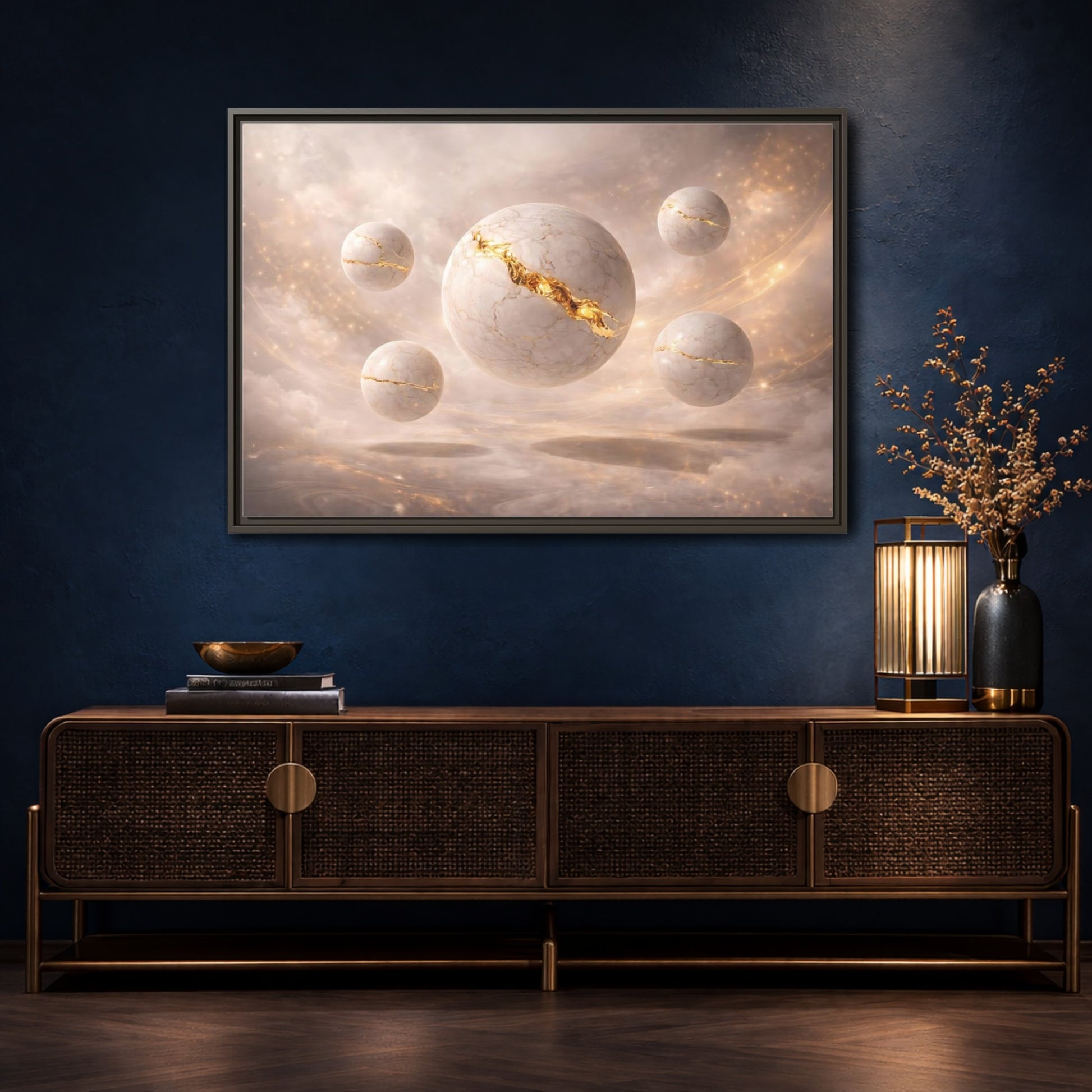 Mockup 4. Abstract Kintsugi Spheres White Gold Abstract shown as stretched canvas wall art