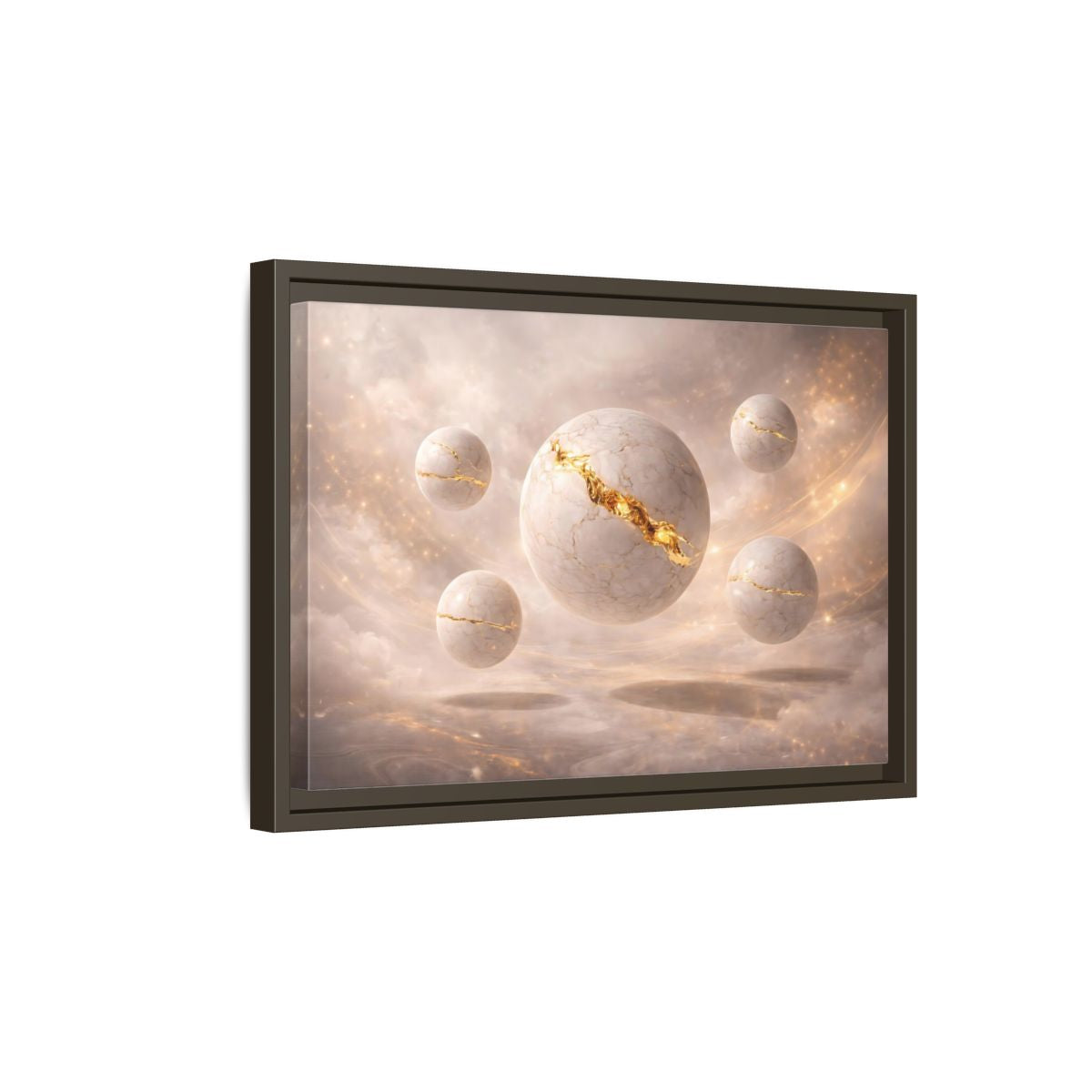 Side Mockup 5. Abstract Kintsugi Spheres White Gold Abstract shown as stretched canvas wall art