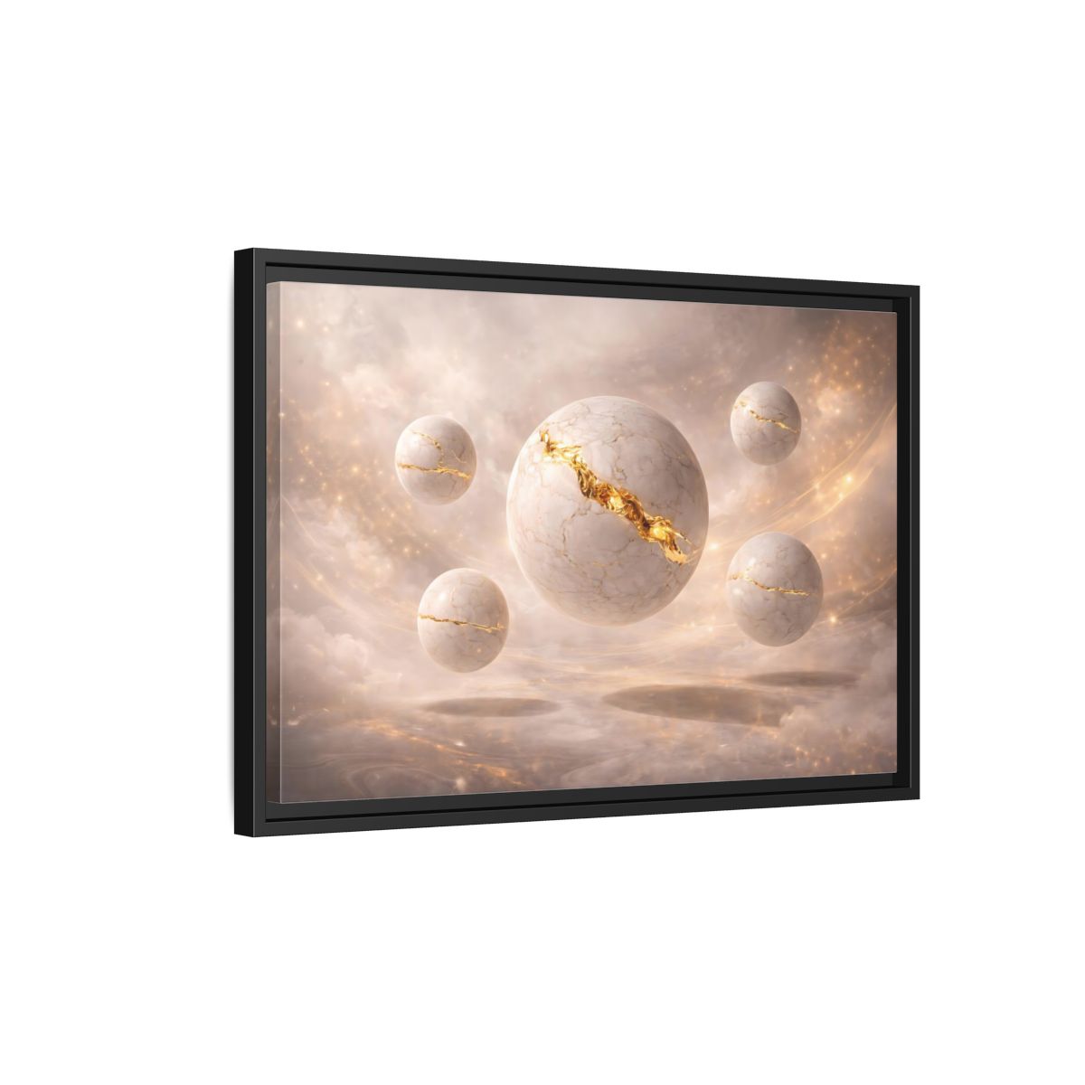Side Mockup 3. Abstract Kintsugi Spheres White Gold Abstract shown as stretched canvas wall art