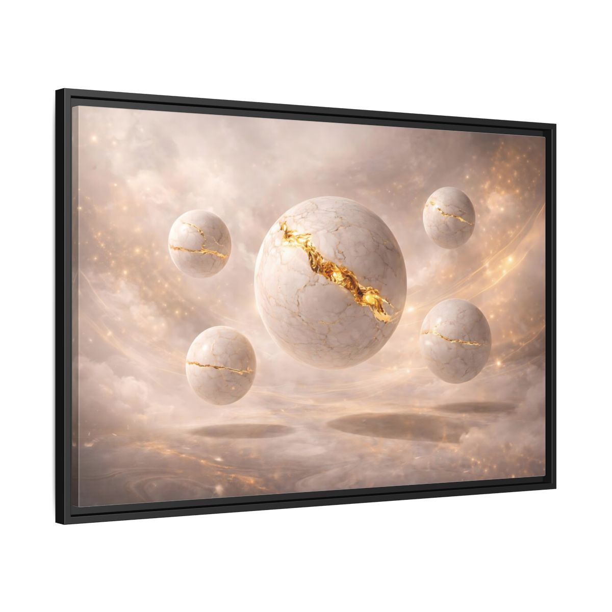 Side Mockup 13. Abstract Kintsugi Spheres White Gold Abstract shown as stretched canvas wall art