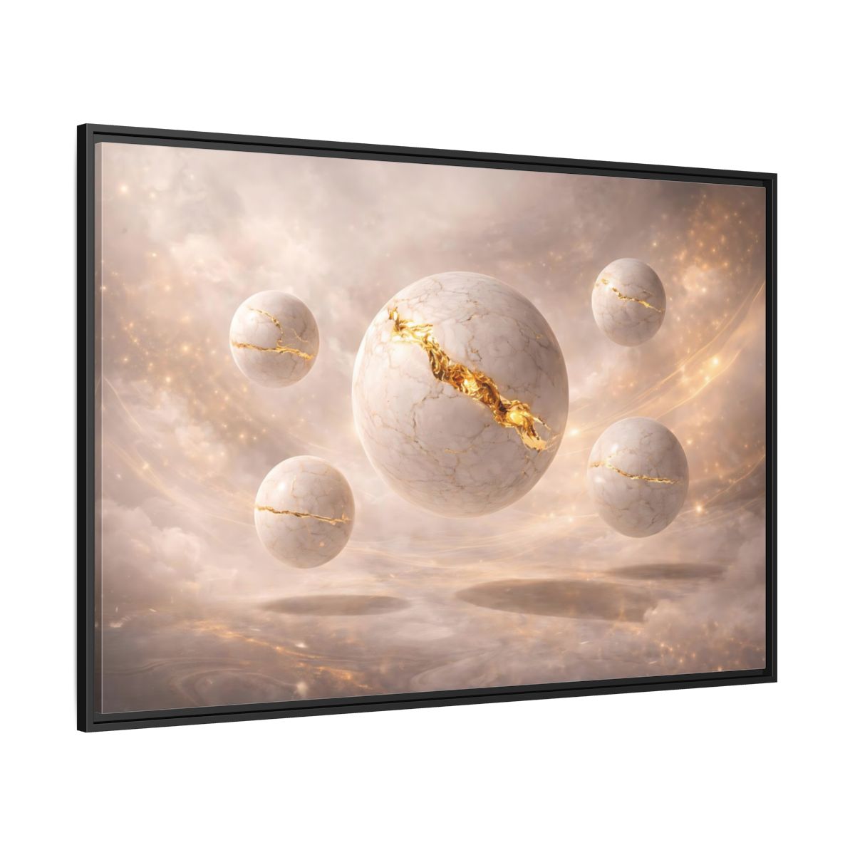 Side Mockup 12. Abstract Kintsugi Spheres White Gold Abstract shown as stretched canvas wall art