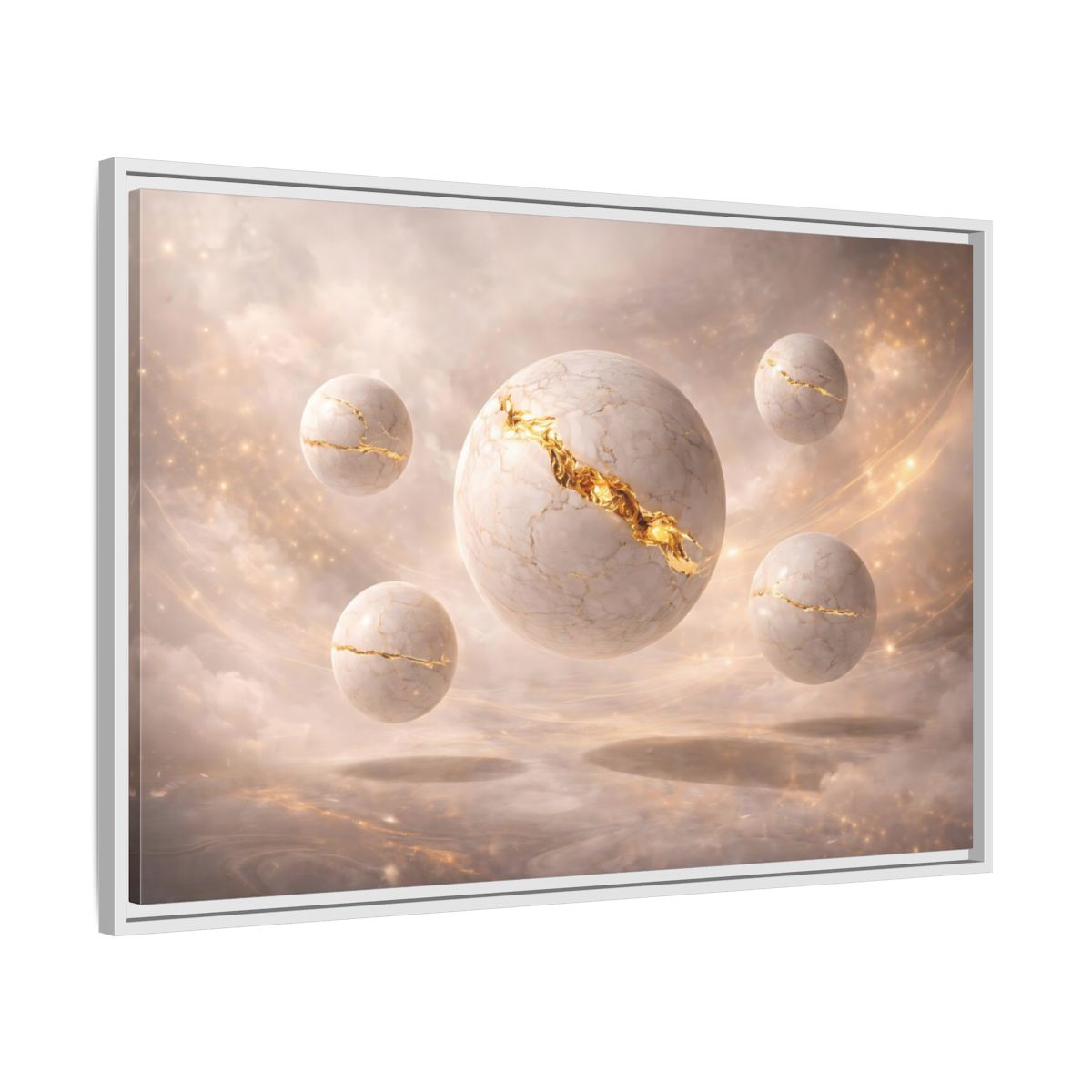 Side Mockup 9. Abstract Kintsugi Spheres White Gold Abstract shown as stretched canvas wall art
