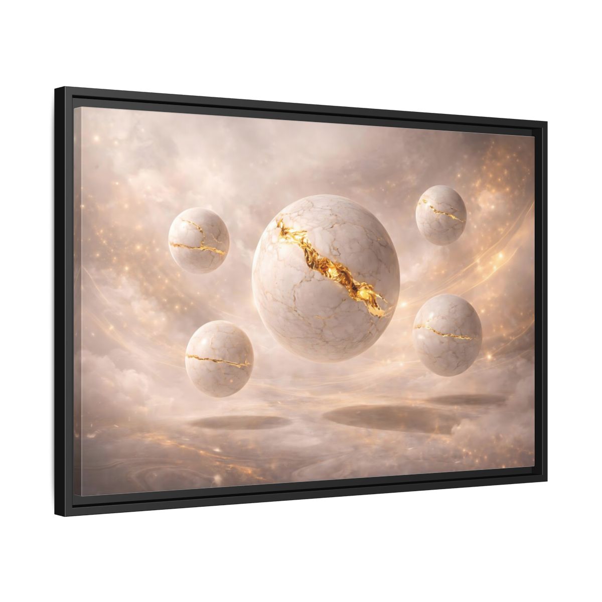 Side Mockup 14. Abstract Kintsugi Spheres White Gold Abstract shown as stretched canvas wall art