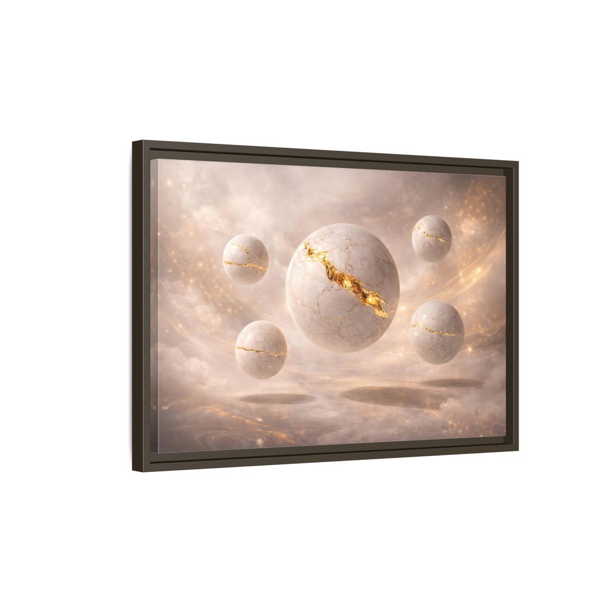 Side Mockup 2. Abstract Kintsugi Spheres White Gold Abstract shown as stretched canvas wall art