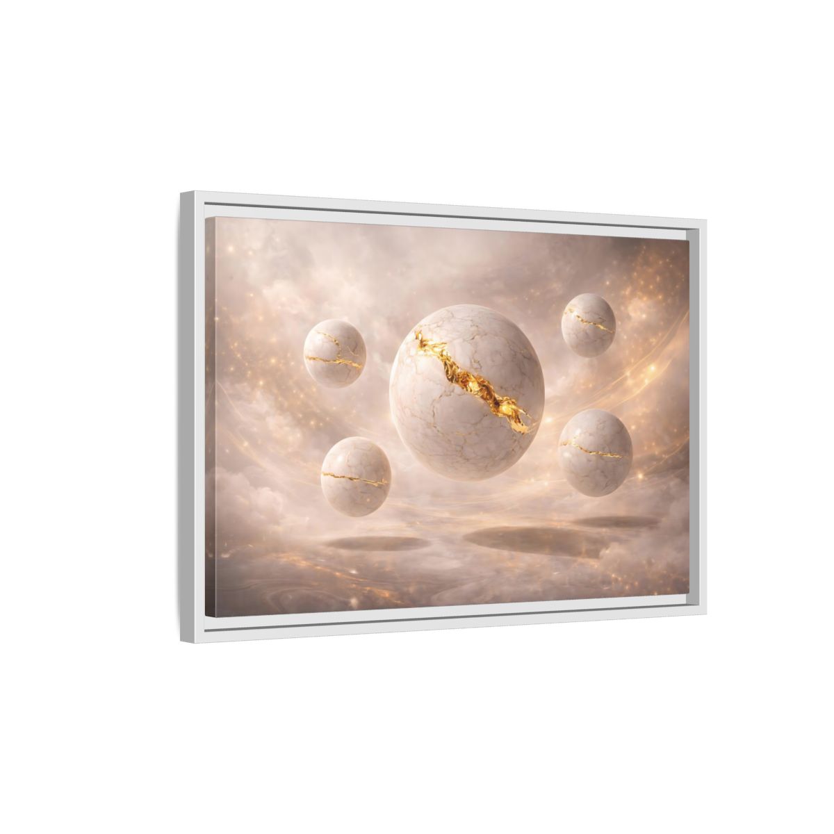Side Mockup 1. Abstract Kintsugi Spheres White Gold Abstract shown as stretched canvas wall art