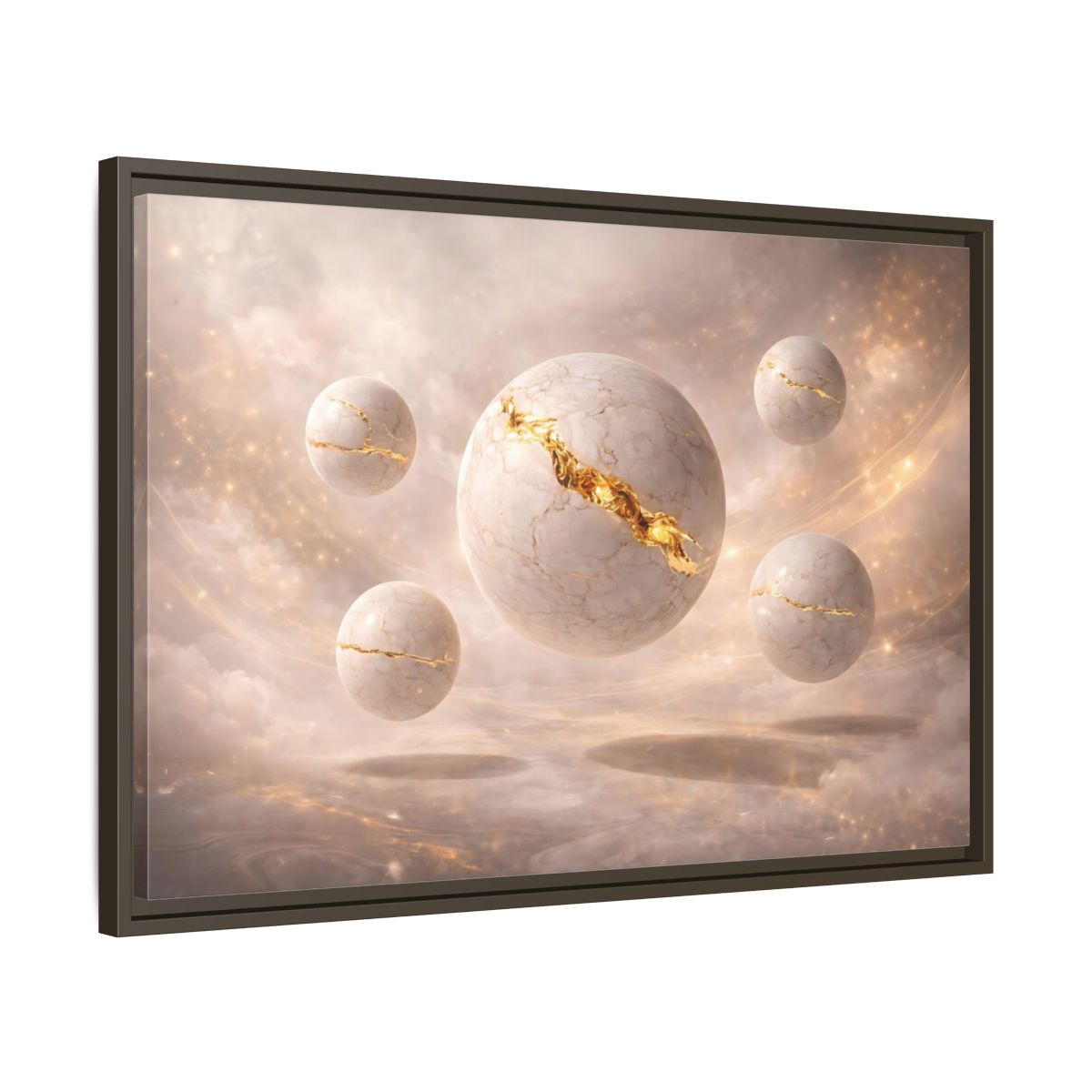 Side Mockup 11. Abstract Kintsugi Spheres White Gold Abstract shown as stretched canvas wall art