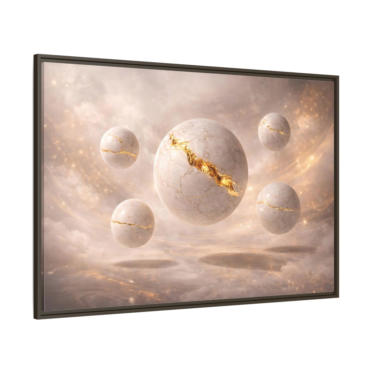 Side Mockup 8. Abstract Kintsugi Spheres White Gold Abstract shown as stretched canvas wall art