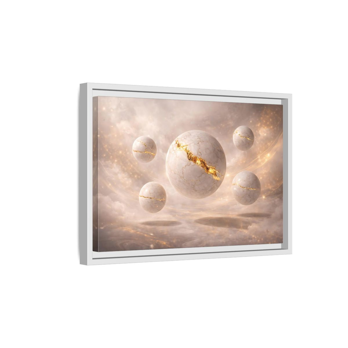 Side Mockup 4. Abstract Kintsugi Spheres White Gold Abstract shown as stretched canvas wall art