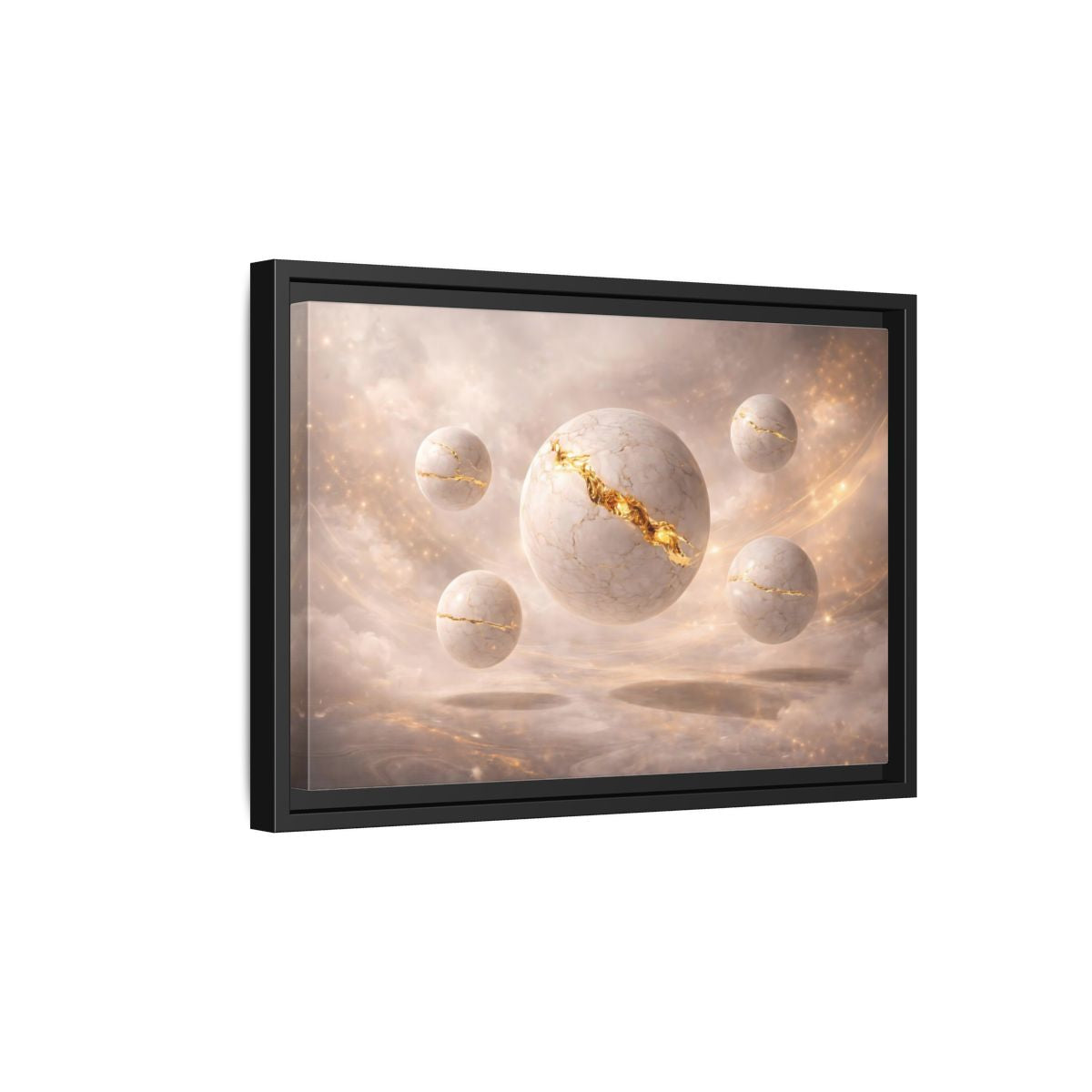 Side Mockup 6. Abstract Kintsugi Spheres White Gold Abstract shown as stretched canvas wall art