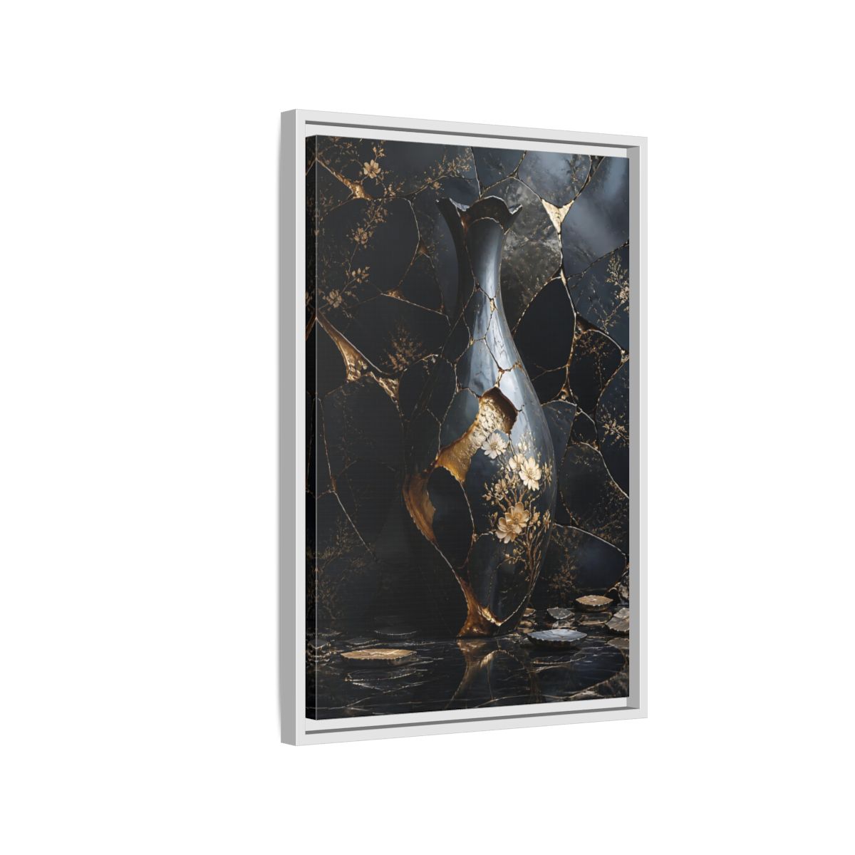 Side Mockup 1. Abstract Kintsugi Vase Black And Gold Vase shown as stretched canvas wall art