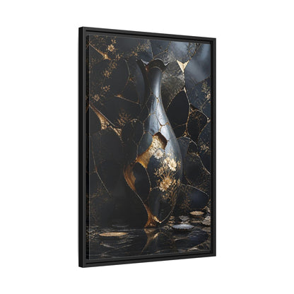 Abstract Kintsugi Vase Black and Gold Framed Canvas Wall Art - Living Room shown as canvas wall art