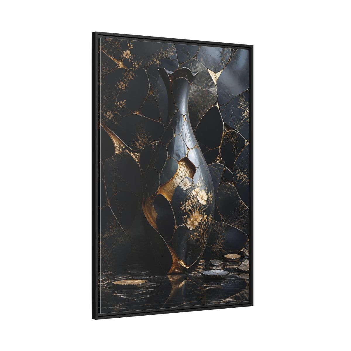 Side Mockup 12. Abstract Kintsugi Vase Black And Gold Vase shown as stretched canvas wall art