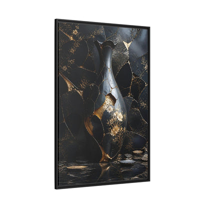 Abstract Kintsugi Vase Black and Gold Framed Canvas Wall Art - Living Room shown as canvas wall art