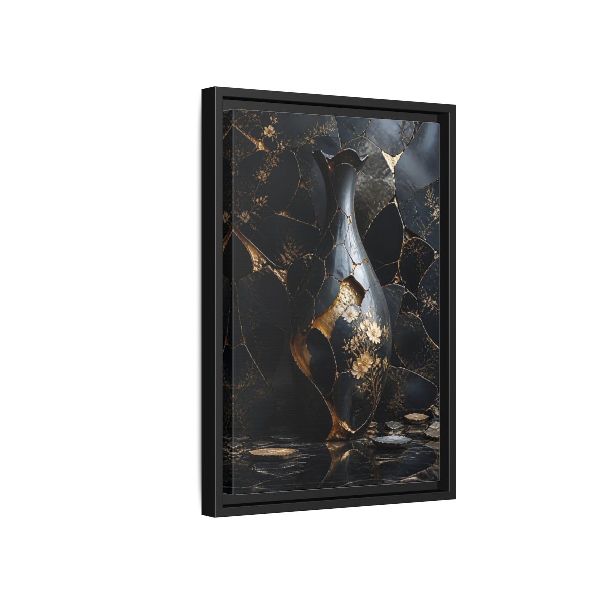 Side Mockup 6. Abstract Kintsugi Vase Black And Gold Vase shown as stretched canvas wall art