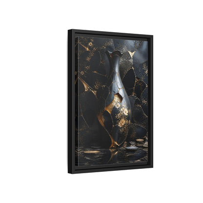 Abstract Kintsugi Vase Black and Gold Framed Canvas Wall Art - Living Room shown as canvas wall art