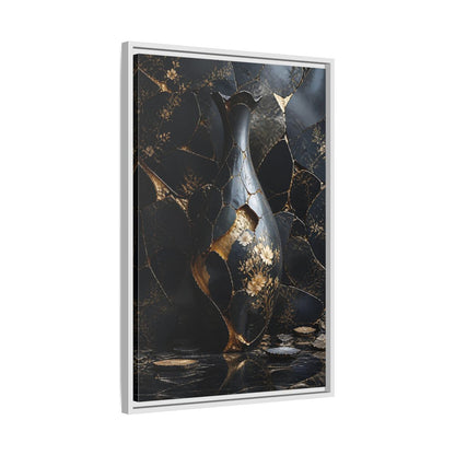 Abstract Kintsugi Vase Black and Gold Framed Canvas Wall Art - Living Room shown as canvas wall art