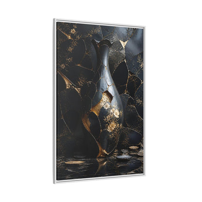 Abstract Kintsugi Vase Black and Gold Framed Canvas Wall Art - Living Room shown as canvas wall art