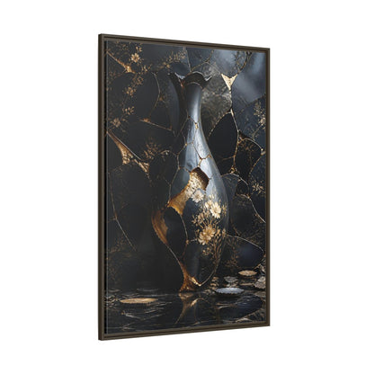 Abstract Kintsugi Vase Black and Gold Framed Canvas Wall Art - Living Room shown as canvas wall art