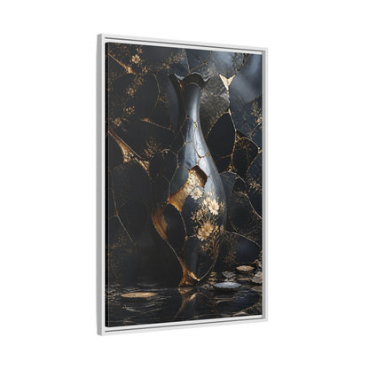 Abstract Kintsugi Vase Black and Gold Framed Canvas Wall Art - Living Room shown as canvas wall art