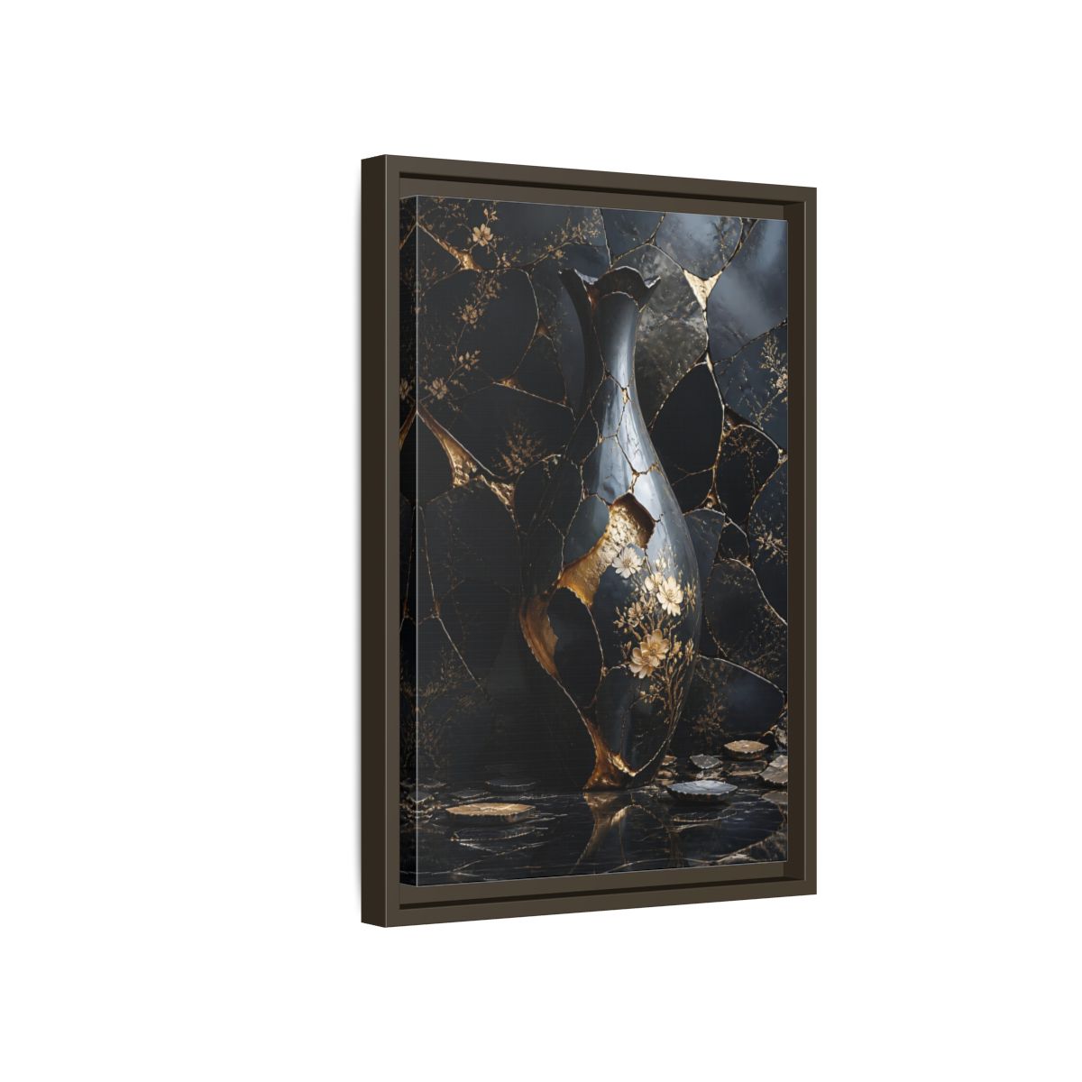 Side Mockup 5. Abstract Kintsugi Vase Black And Gold Vase shown as stretched canvas wall art