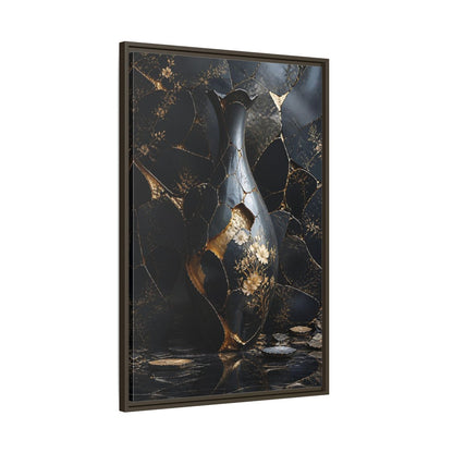 Abstract Kintsugi Vase Black and Gold Framed Canvas Wall Art - Living Room shown as canvas wall art