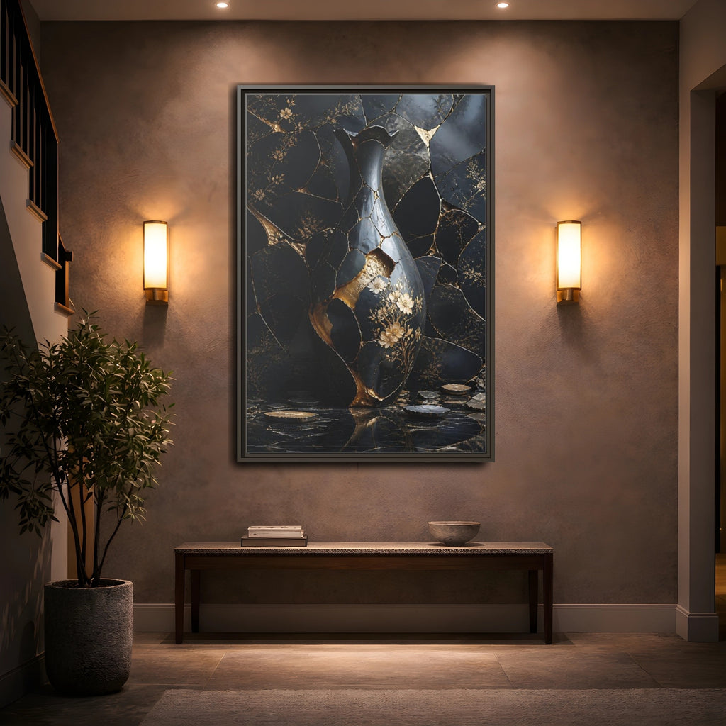 Mockup 2. Abstract Kintsugi Vase Black And Gold Vase shown as stretched canvas wall art