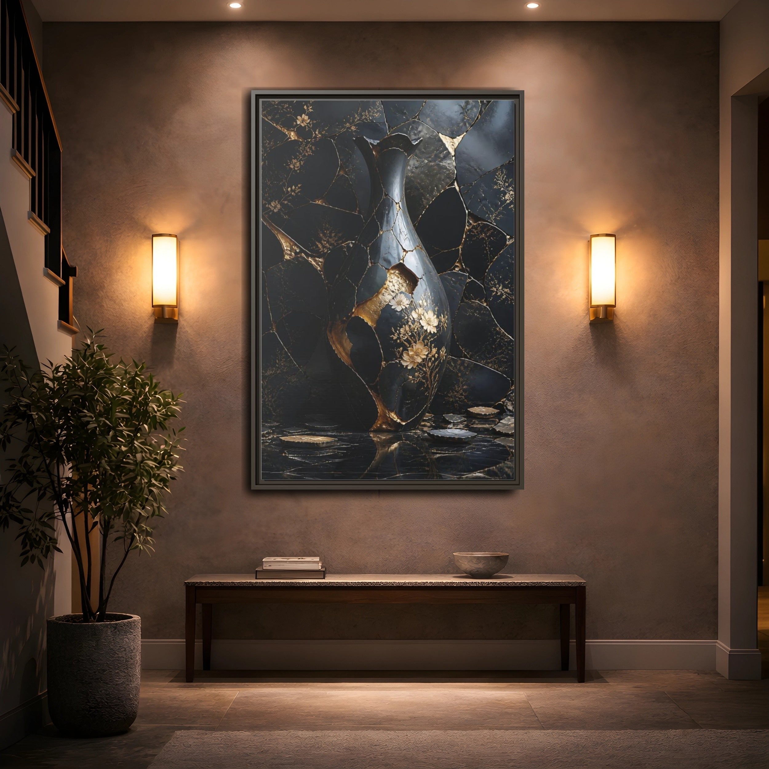 Mockup 2. Abstract Kintsugi Vase Black And Gold Vase shown as stretched canvas wall art