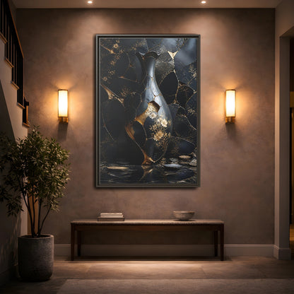 Abstract Kintsugi Vase Black and Gold Framed Canvas Wall Art - Living Room shown as canvas wall art