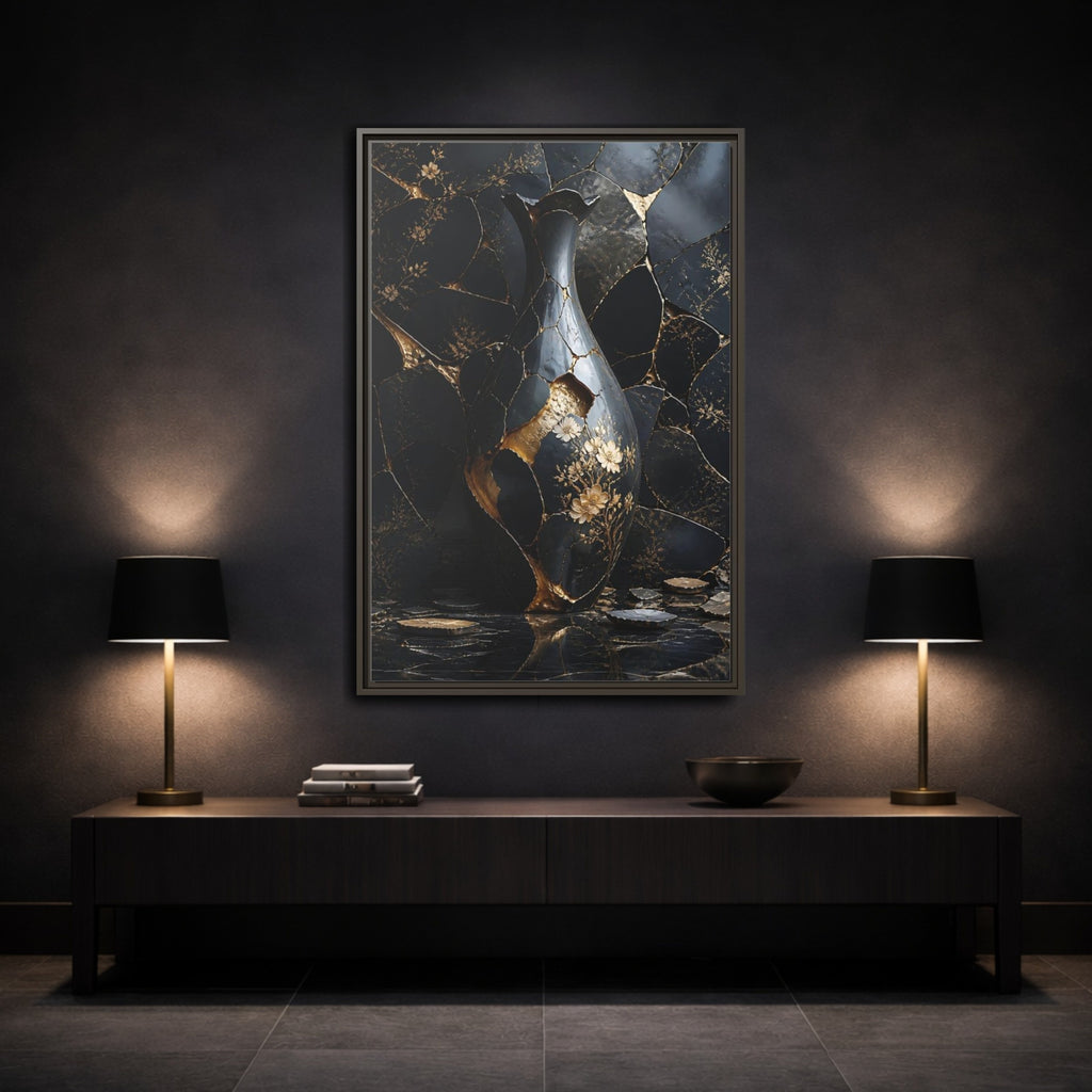 Mockup 3. Abstract Kintsugi Vase Black And Gold Vase shown as stretched canvas wall art