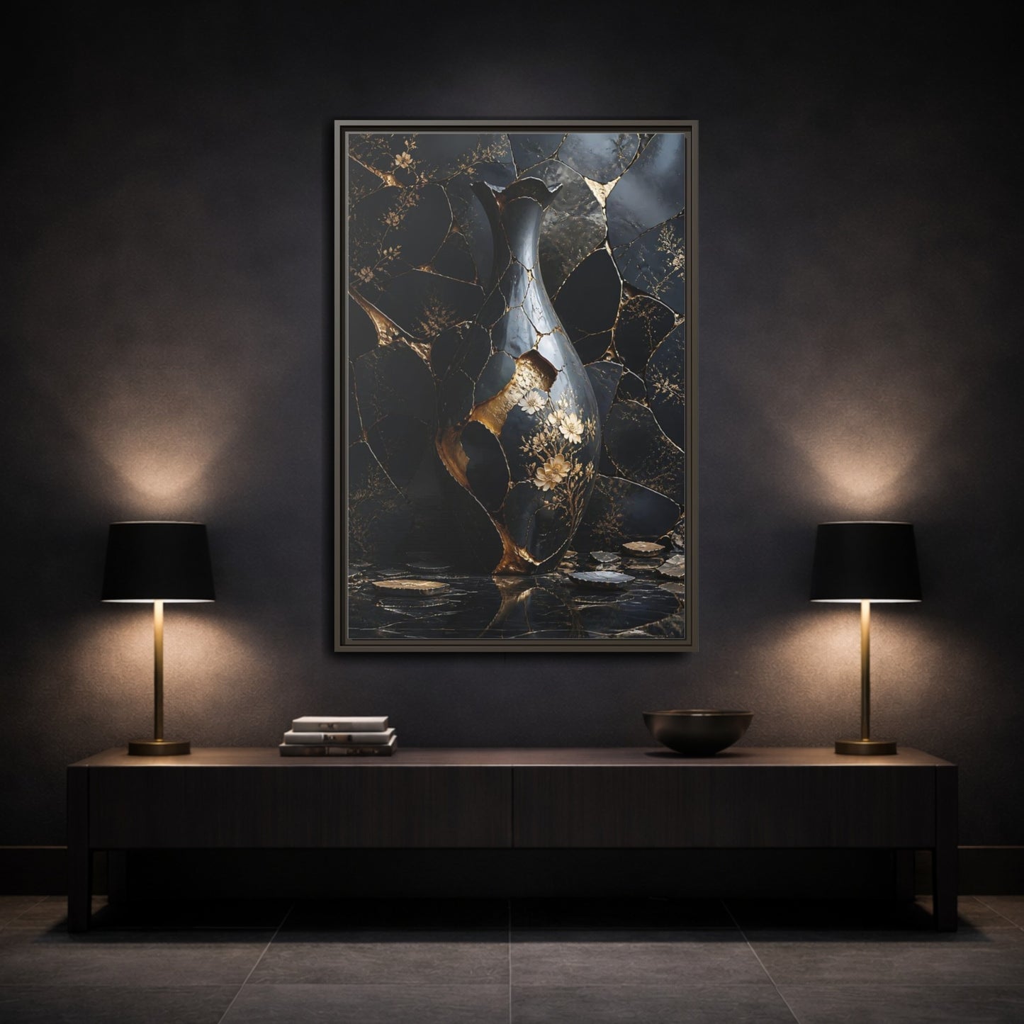 Abstract Kintsugi Vase Black and Gold Framed Canvas Wall Art - Living Room shown as canvas wall art