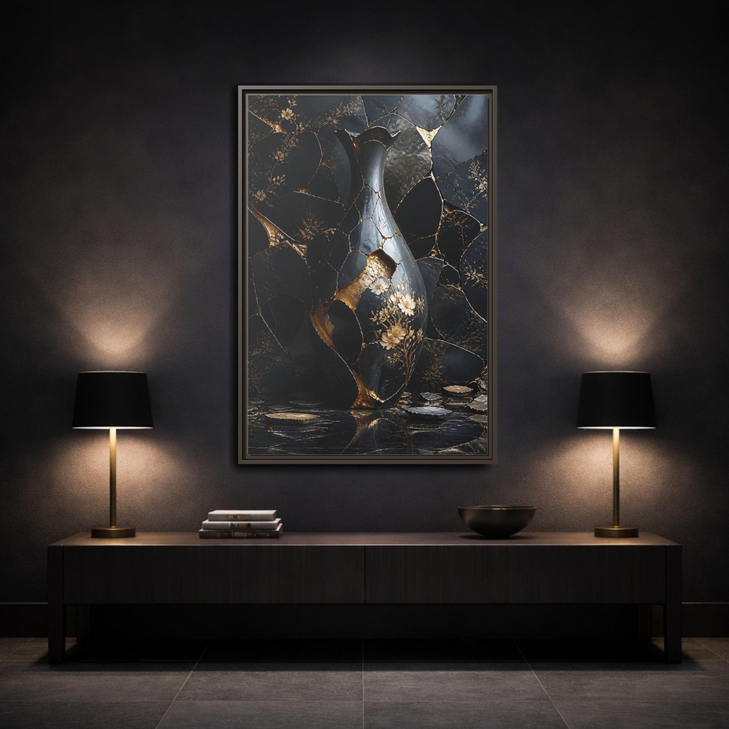 Mockup 3. Abstract Kintsugi Vase Black And Gold Vase shown as stretched canvas wall art