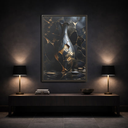 Abstract Kintsugi Vase Black and Gold Framed Canvas Wall Art - Living Room shown as canvas wall art