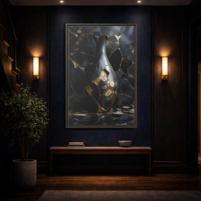 Abstract Kintsugi Vase Black and Gold Framed Canvas Wall Art - Living Room shown as canvas wall art