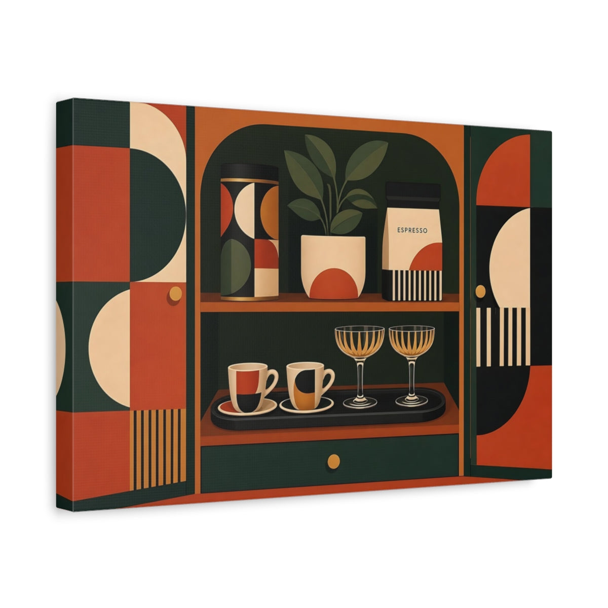 Side Mockup 4. Abstract Kitchenware Display Geometric Kitchen Decor shown as stretched canvas wall art