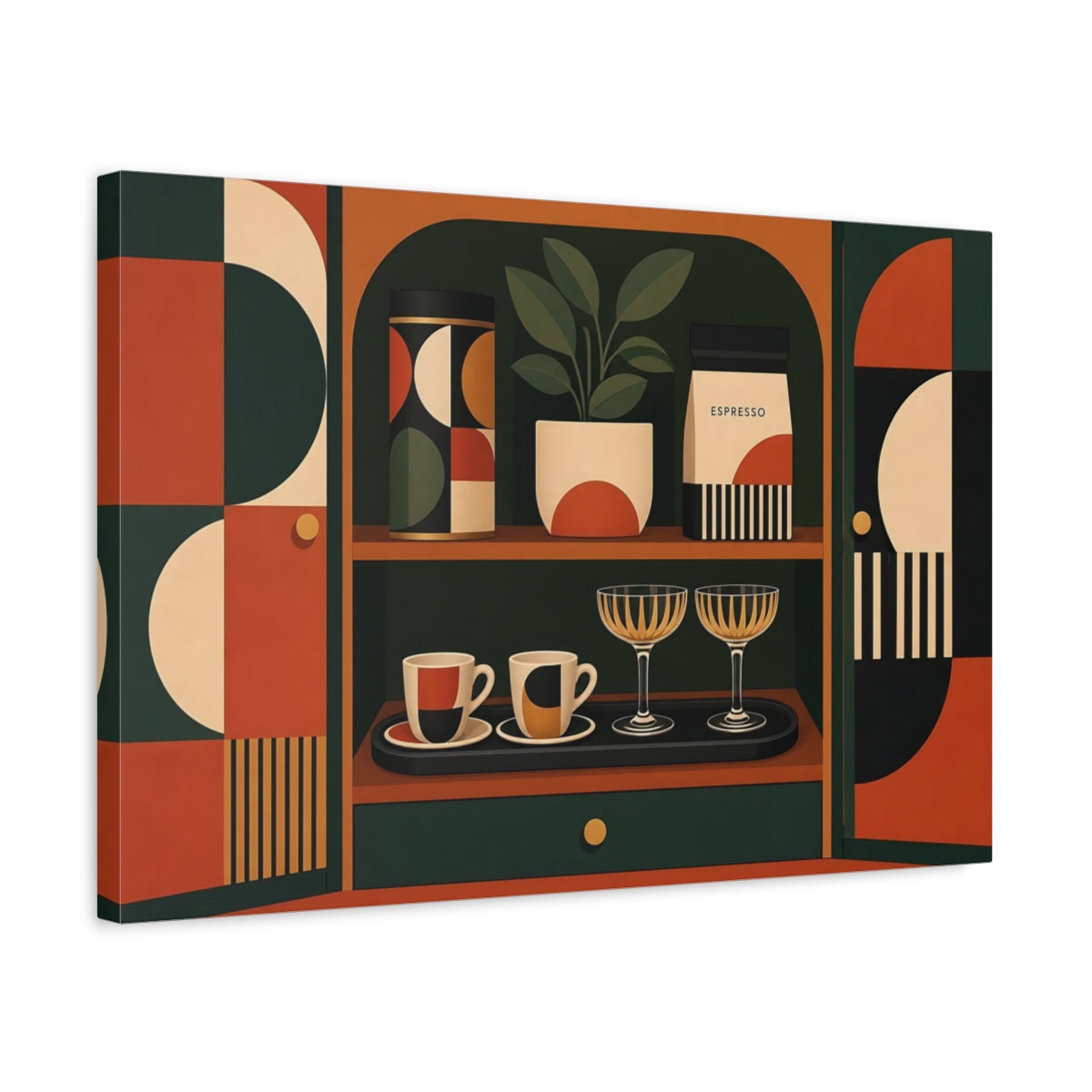 Side Mockup 3. Abstract Kitchenware Display Geometric Kitchen Decor shown as stretched canvas wall art
