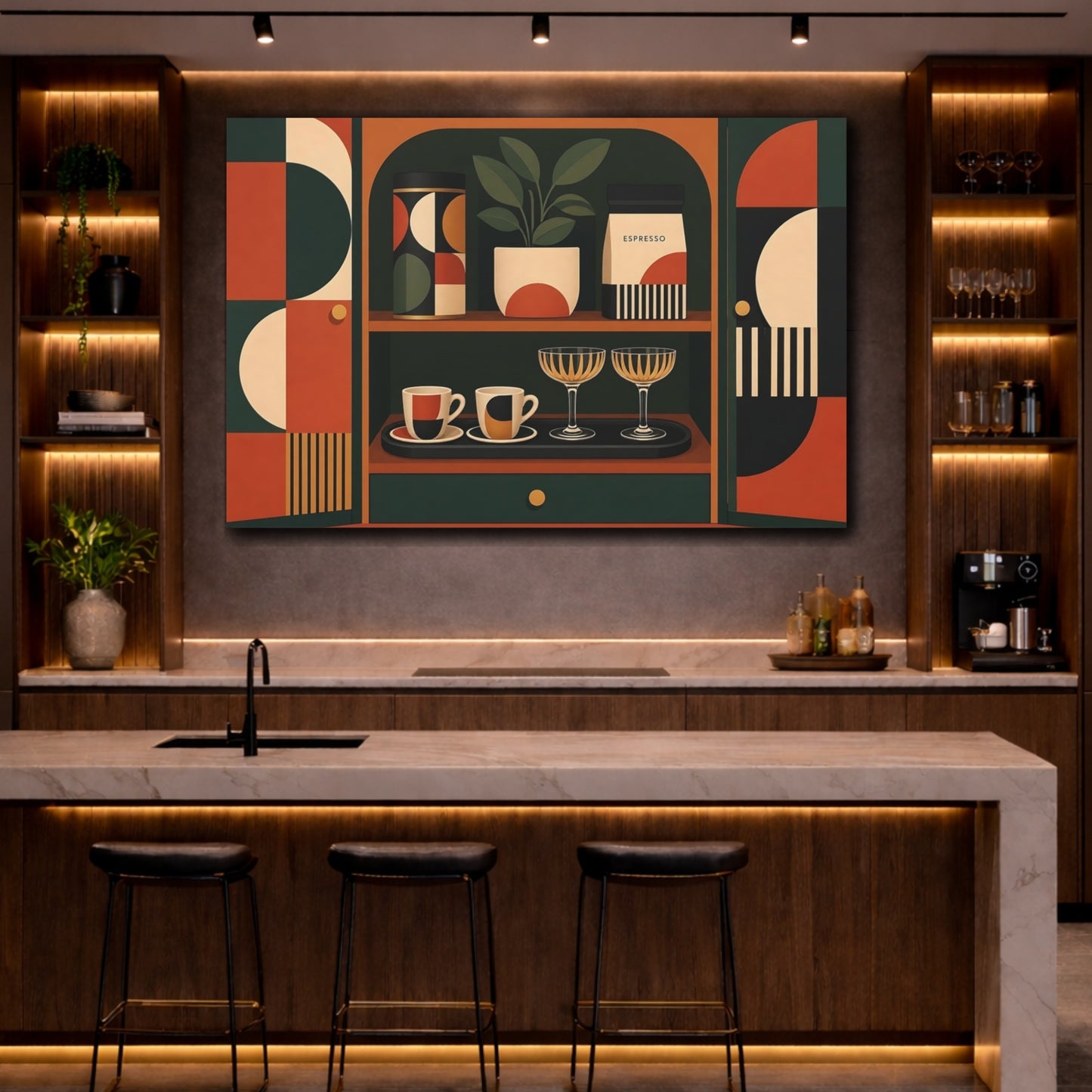 Mockup 2. Abstract Kitchenware Display Geometric Kitchen Decor shown as stretched canvas wall art