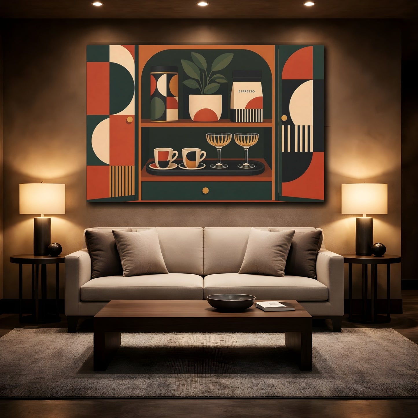 Mockup 3. Abstract Kitchenware Display Geometric Kitchen Decor shown as stretched canvas wall art