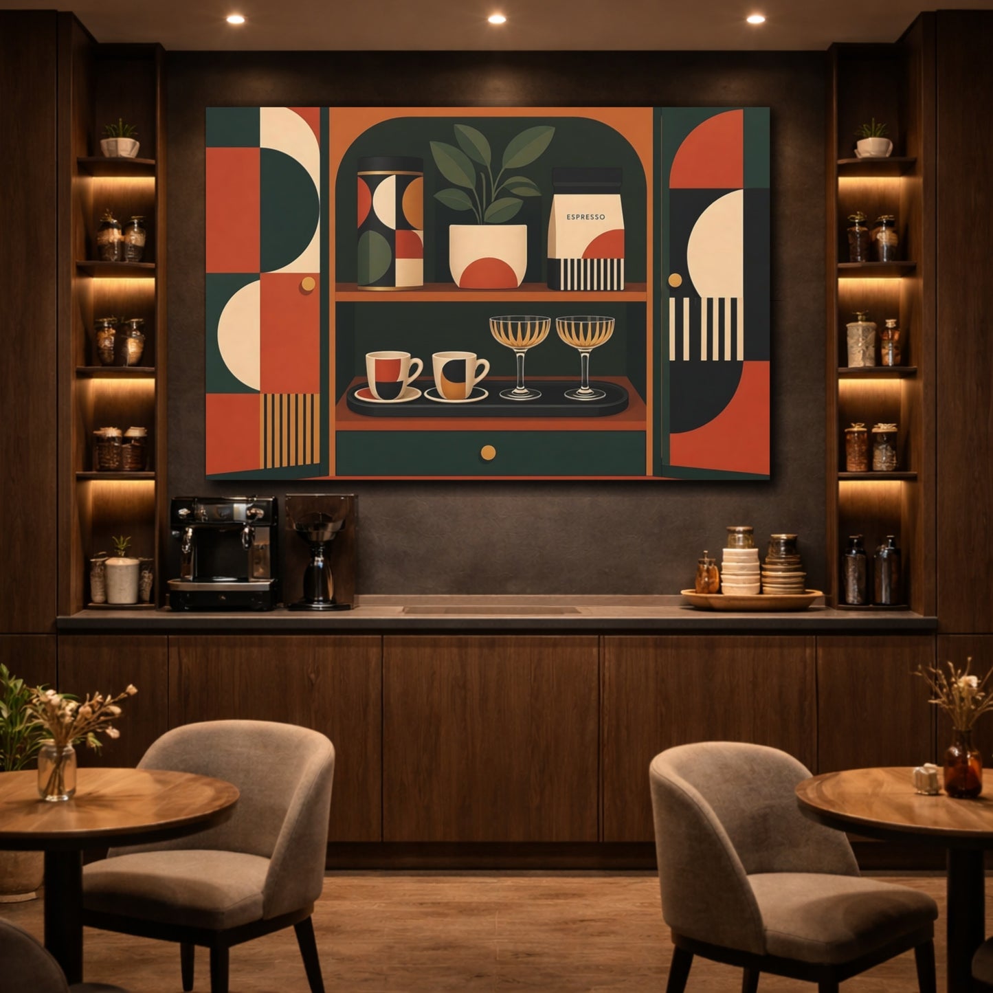 Mockup 4. Abstract Kitchenware Display Geometric Kitchen Decor shown as stretched canvas wall art