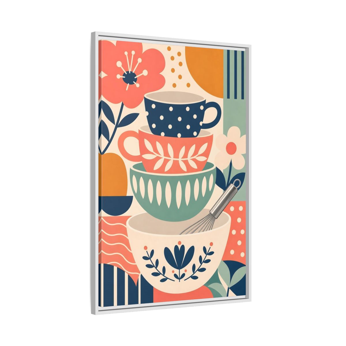 Side Mockup 9. Abstract Kitchenware Stack Mid-Century Kitchenware shown as framed canvas print